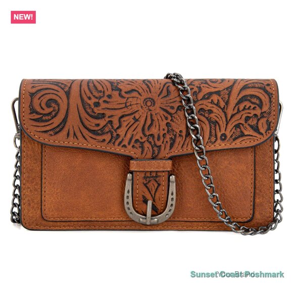 Handbags - Faux Leather Crossbody Bag with Chain Strap and Wristlet